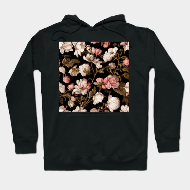 Brown and Pink Floral Pattern on Black Hoodie by VintageFlorals